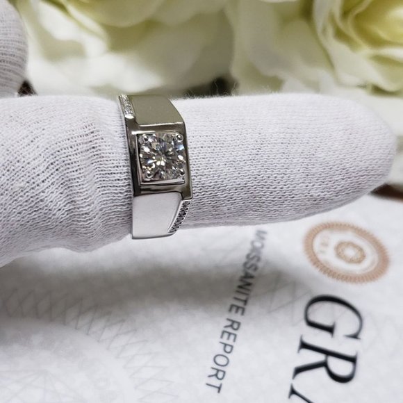 Men Moissanite Ring Engagement Ring 925 Sterling Silver Band for Men (M108) - Picture 3 of 6